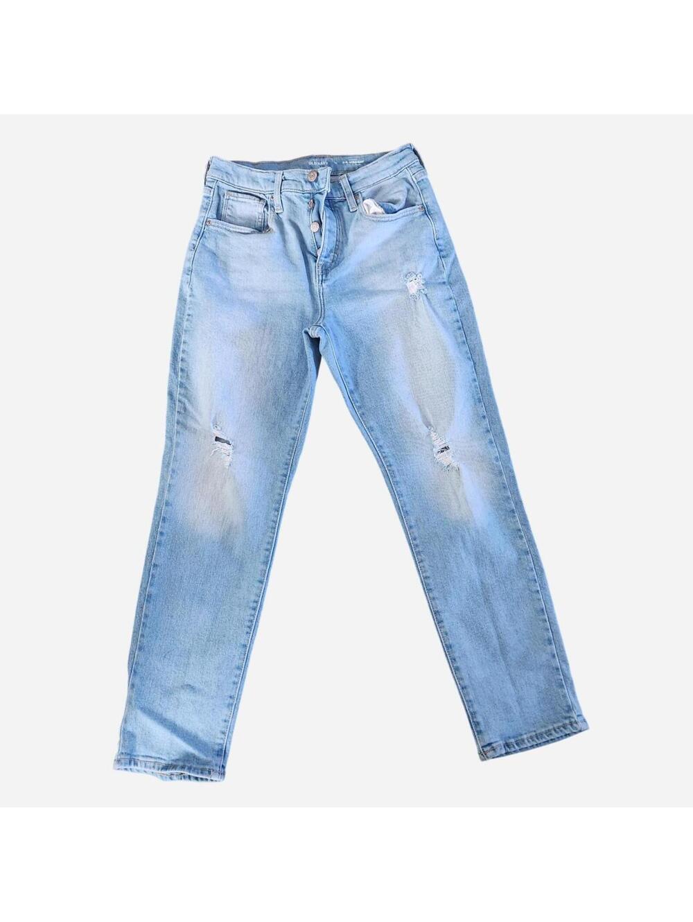 Old Navy high-rise button fly straight leg blue jeans with distressing. Size: 16